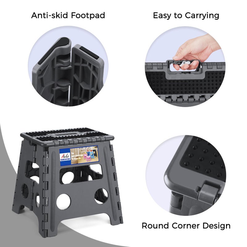 ACKO Folding Step Stool 13 inch Height Premium Heavy Duty Foldable Step Stools for Adults and Kids, Kitchen Plastic Small Collapsible Stepping Stool Hold Up to 300 LB Dot Grey (1 Pack) - Image 5